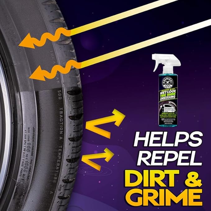 Chemical Guys Galactic Black Wet Look Tire Shine Dressing – High Gloss Spray for Tires, Trim and Rubber – Restores Deep Black Shine and Protection for Cars, Trucks, Motorcycles and RVs, 16 oz