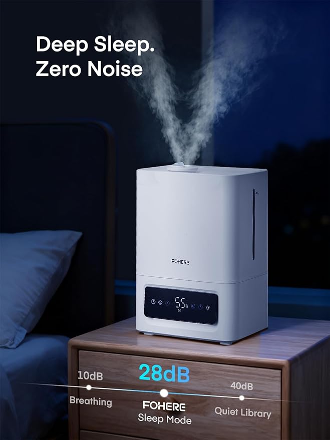 FOHERE 6L Humidifiers for Bedroom, 60H Cool Mist Humidifier for Large Room, 28dB Ultra-Quiet Runtime for Baby, Indoor, Plants, Smart Humidity Sensor, 16H Timer, Night Light, Oil Diffuser, White
