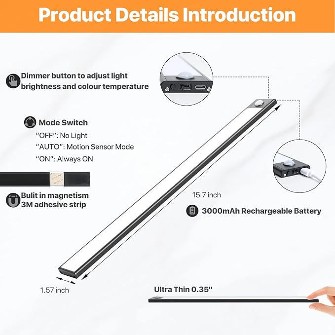 Under Cabinet Lighting Motion Sensor Dimmable Closet Light, 69-LED Under Counter Lights 3000mAh Wireless USB Rechargeable Magnetic Stick-On Night Light for Kitchen, Wardrobe, Cupboard
