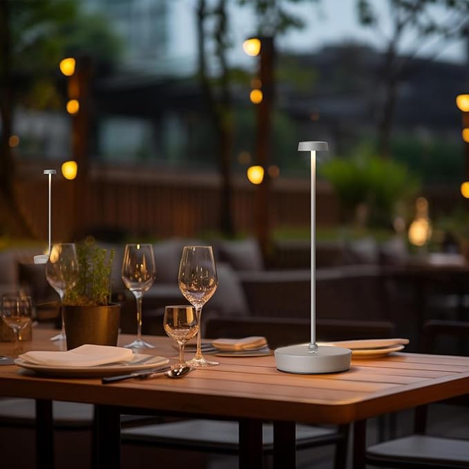 Cordless LED Table Lamp，Rechargeable Battery Desk Lamps, 3 Color Stepless Dimmable Metal Battery Table Lamps, Portable Waterproof Table Light for Indoor/Outdoor/Restaurant (2Pack Gray)