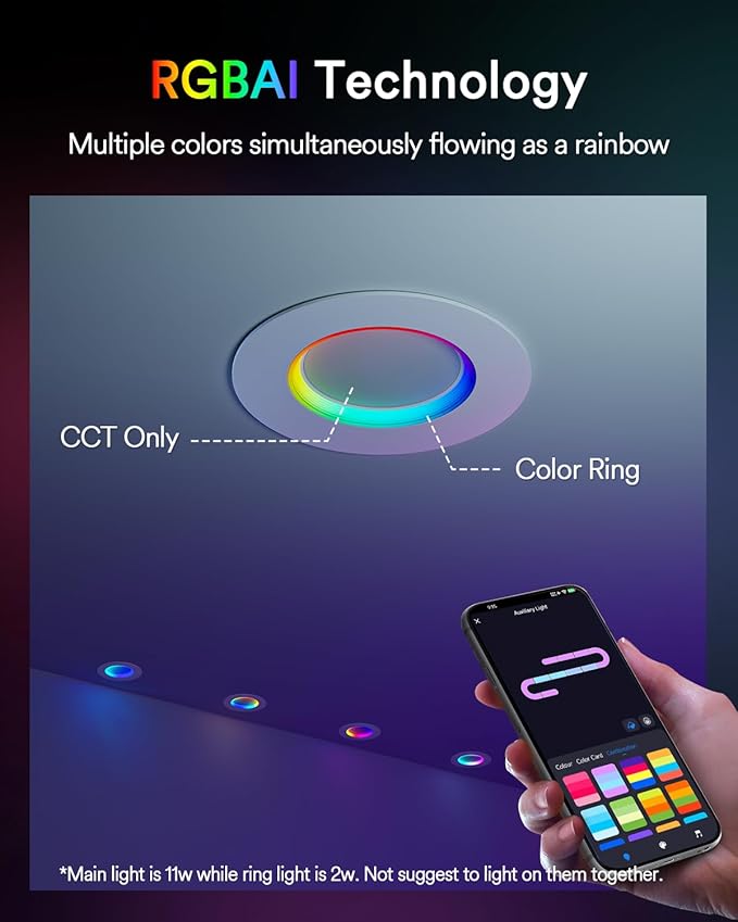 Lumary Smart Retrofit LED Recessed Lighting 6 Inch w/RGB Ring, 11W+2W RGBAI Retrofit Can Light, Wi-Fi Bluetooth Direct Connect, 66 Scenes Modes Compatible with Alexa Google, CRI 90 ETL 1000Lm, 1 Pack
