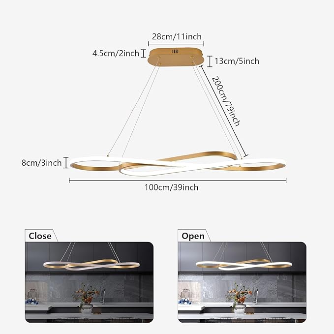 Gold Led Chandeliers for Dining Room Light Fixture Modern Led Pendant Light Kitchen Island Lighting for Kitchen Island Chandelier Over Table, Dimmable Adjustable Height Pendant Light Ceiling Hanging