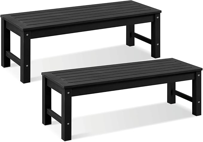 Psilvam Knight Bench Set of 2, Two Person Outdoor Poly Lumber Patio Backless Bench, Weatherproof Garden Bench That Never Rot and Fade, Suit for Church, School, Garden, Porch and Park (Black)