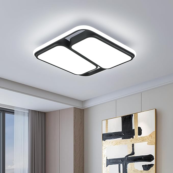 Modern LED Ceiling Light Fixture, 60W 6000K Black Square Flush Mount Ceiling Lights, 15.7'' Rectangle Bedroom Ceiling Lamp LED Chandelier for Kitchen Hallway Laundry Living Room (Cool White)