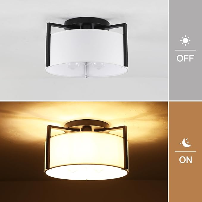 15" Semi Flush Mount Ceiling Light, 3-Light Modern Kitchen Hallway Light Fixtures with Drum White Shade, Metal Close to Ceiling Lights for Entryway Living Room Bedroom Dining Room Foyer, Black