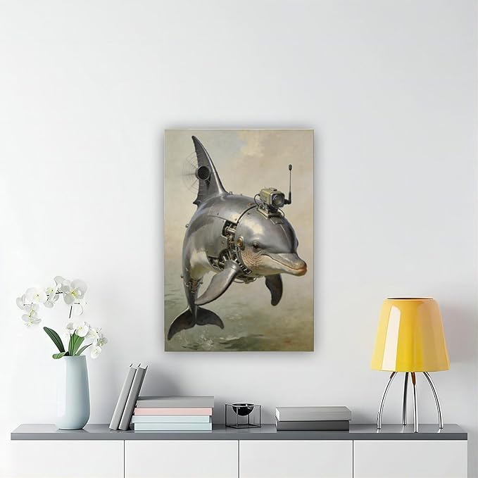Framed Steampunk Mechanical Dolphin Wall Art - Marine Retro-Futuristic Poster for Beach House Living Room Decor 16x24inch(40x60cm)