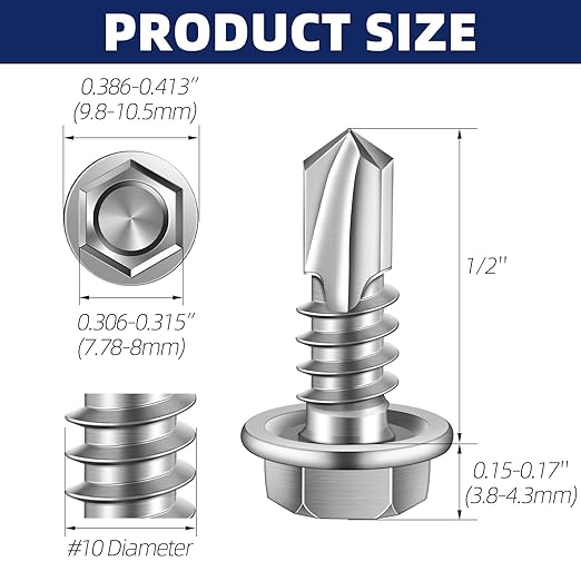 MewuDecor #10 x 1/2" (1/4" to 3" Available) Hex Washer Head Self Drilling Sheet Metal Screws with Drill Point, Stainless Steel 410, 100 PCS