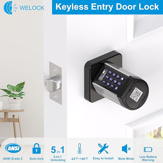 WELOCK WiFi Smart Door Lock, 5-in-1 Keyless Entry Doorknob with Auto-Locking, Bluetooth App Control,Password,2 Keys and IC Cards, Easy Installation for Bedroom,Home, Office(Black)