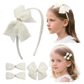 JIAHANG Baby Girls Pearl Beaded Hair Bow Headband and Clips Set, Rhinestone Hair Accessories Gift 4Pcs Set for Toddlers Teens School Girls (pearlseries)