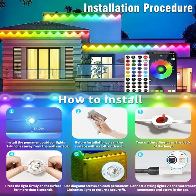 Permanent Outdoor Lights,50ft RGB + IC Smart LED Eaves Lights with App & Remote Control, IP67 Waterproof,for Christmas and All Holiday Decor,Daily and Accent Lighting,House Roof and Garden Lighting
