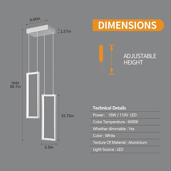 Modern Kitchen Pendant Light Fixture White 18W LED Pendant Light 2 Rings Rectangle Chandelier Pendant Lighting for Kitchen Island Living Room Dining Room Bedroom