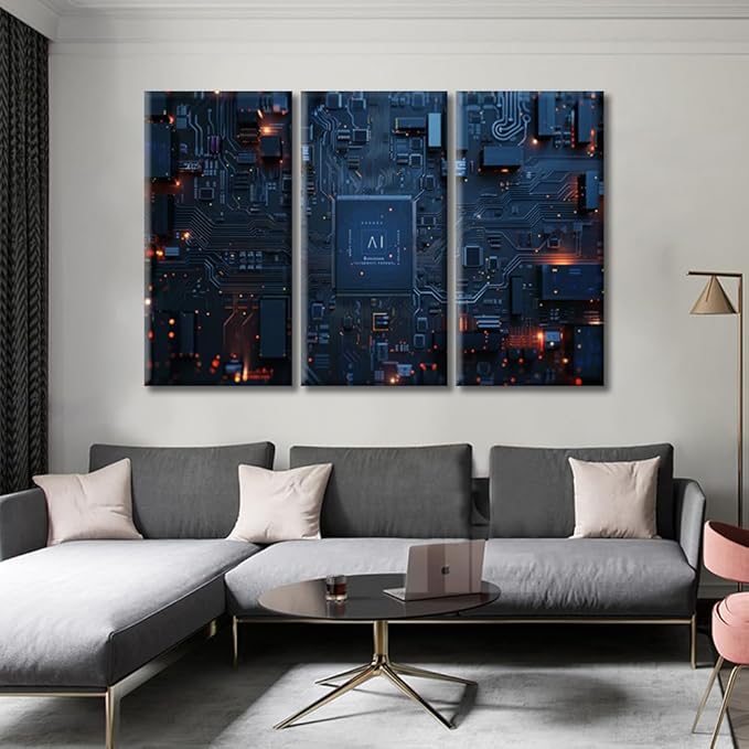 Motherboard Digital Chip Wall Art Large Artificial Intelligence Concept Pictures Print on Canvas AI Advanced Circuitry Modern Home Decor Framed for Office Ready to Hang 60"Wx40"H