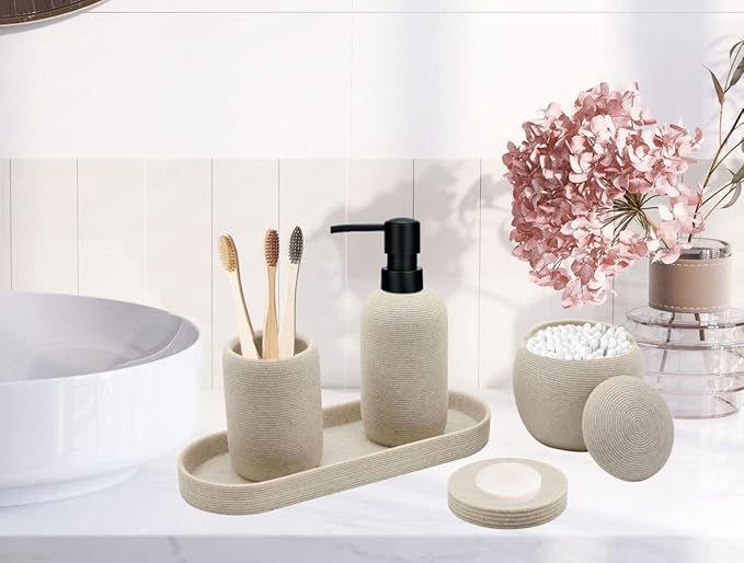 Beige Resin Bathroom Accessory Set, 5 Pcs Bathroom Accessories Set with Lotion Dispenser,Soap Dish,Toothbrush Holder,Vanity Tray,Qtip Holder Dispenser, Modern Bathroom Decor and Housewarming Gift Set