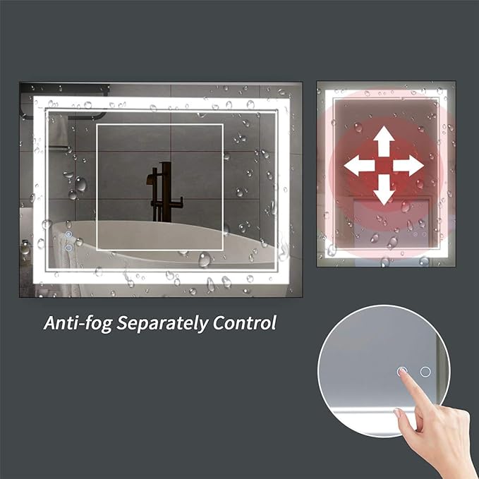 LED Bathroom Mirror Wall-Mounted Vanity Mirror with Anti Fog,Dimmable Waterproof Smart Touch Button Makeup Mirror with Lights Vertical & Horizontal (36x24 Inch)
