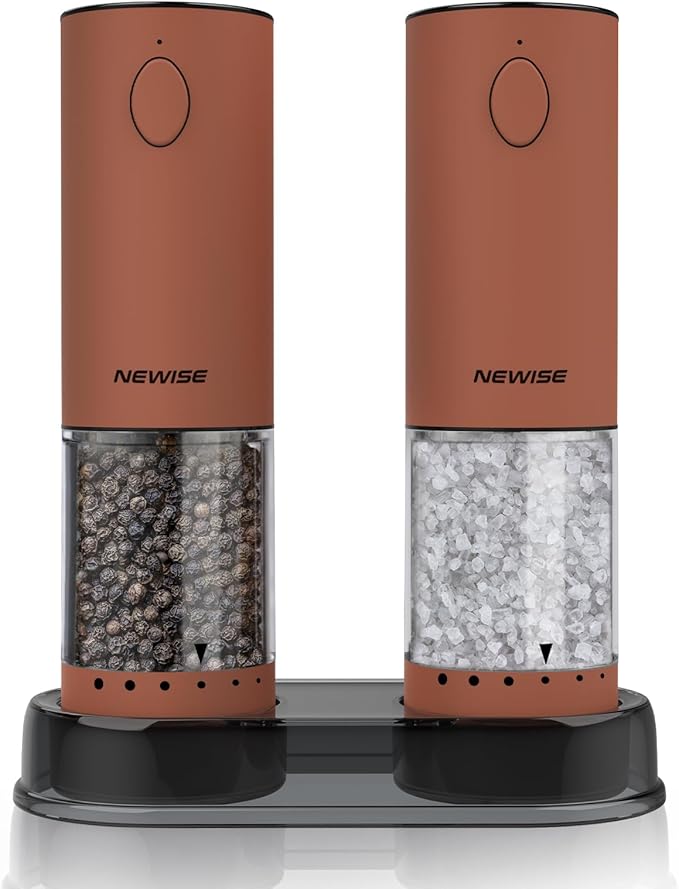 Electric Salt and Pepper Grinder Set Rechargeable with LED Lights, Automatic Pepper & Salt Mill, Adjustable Coarseness, Large Capacity, Brown