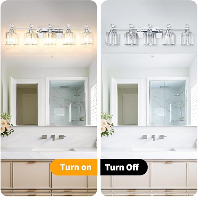Lxybcce 5 Light Bathroom Vanity Light, Modern Crystal Bathroom Ligth Fixture, Chrome Vanity Lights, Light Fixtures Above Mirror, Wall Lamp for Mirror Living Room Cabinet Bedroom Porch