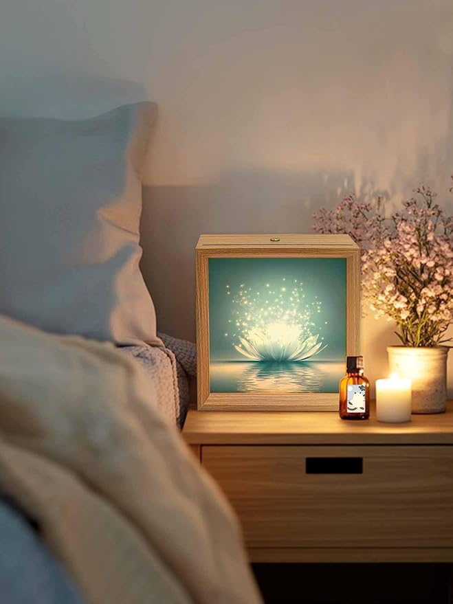 Wood Night Light Box 6.5x6.5in,Meditation Lotus Flower Table Lights Wooden Picture Frame with USB Rechargeable Touch LED Lights for Home Decor Desktop Display,Asian Zen Spiritual
