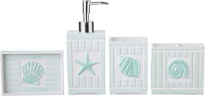 Sweet Home Collection Bathroom Accessories Sets Unique Collections Modern Classic Contemporary Decorative Beautiful Designs Bath Shower Tub Décor, 4 Piece Set, Beach Shells