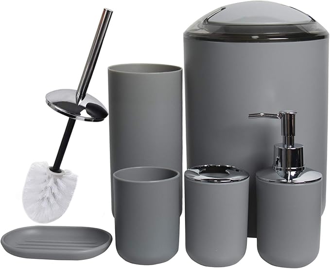 CERBIOR Bathroom Accessories Set 6 Piece Bath Ensemble Includes Soap Dispenser, Toothbrush Holder, Toothbrush Cup, Soap Dish for Decorative Countertop and Housewarming Gift (Light grey-6pcs)
