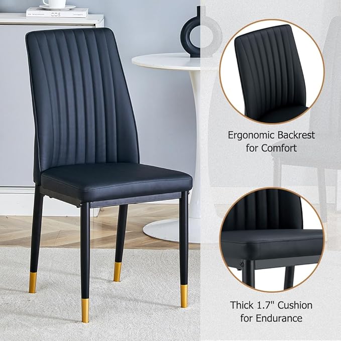 Modern Dining Table & Matching 4 Chairs, Rectangular - Black Marble Top with Leather Upholstery, Perfect for Dining Room (Set of 1 Table + 4 Chairs)