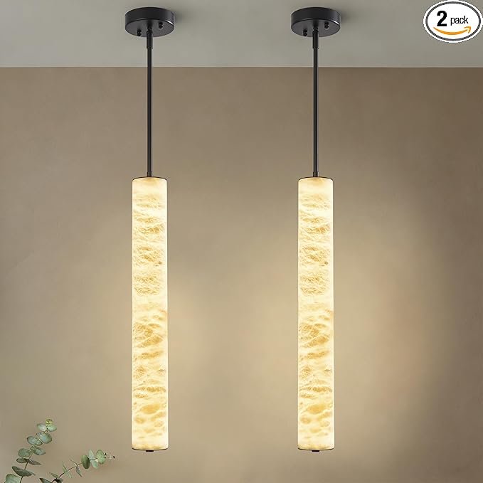 LMQNINE Natural Alabaster Pendant Lights White Marble 24" Long Tube Adjustable Boom Chandelier Modern 3000K Black Ceiling Light for Kitchen Island Bedroom Dining Room Living Room Hallway(M-2Pack)