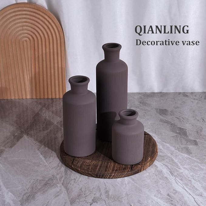 Brown Ceramic Vases Set - 3 Brown Small Vase, Farmhouse Country Vases Home Decor, Living Room Decoration, Table Decoration, Fireplace Decor, and Entrance Decorations Centerpieces