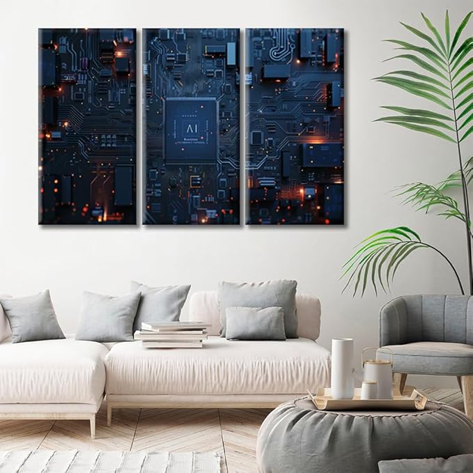 3 Panel Canvas Prints Motherboard Digital Chip Wall Art Circuit Board Pictures Wall Painting Advanced Circuitry Artwork for Home Decor Stretched and Framed Ready to Hang (42"Wx28"H)