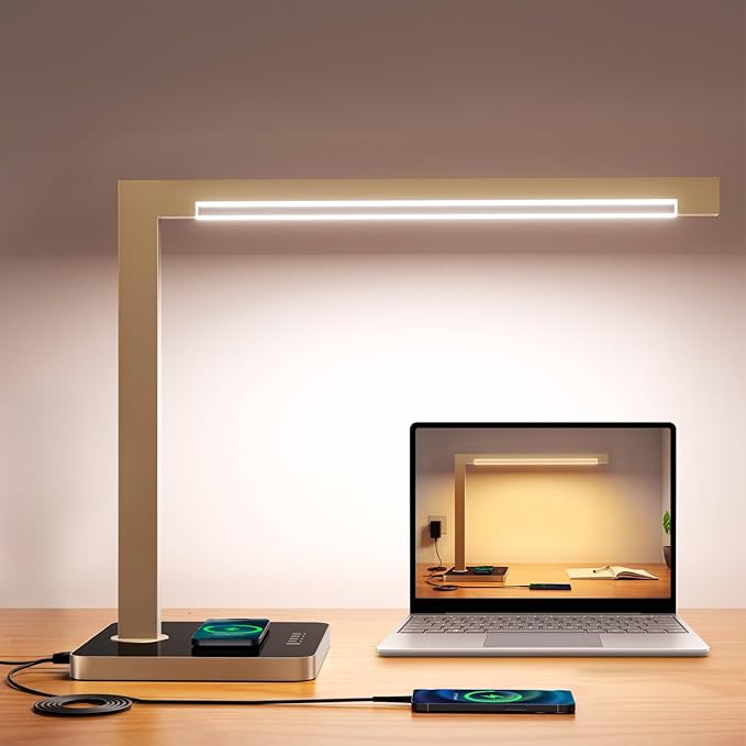Aluminum LED Desk Lamp with Charging Station, Large 15W Table Lamp with Type-C Ports & 4 Color Temperature Modes(3000K-6000K), Dimmable Desk Light for Home Office,Bedroom (Includes Adapter)