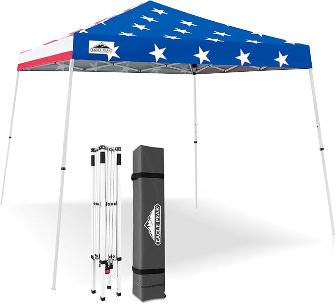 EAGLE PEAK 10x10 Slant Leg Pop-up Canopy Tent Easy One Person Setup Instant Outdoor Beach Canopy Folding Portable Sports Shelter 10x10 Base 8x8 Top (American Flag)
