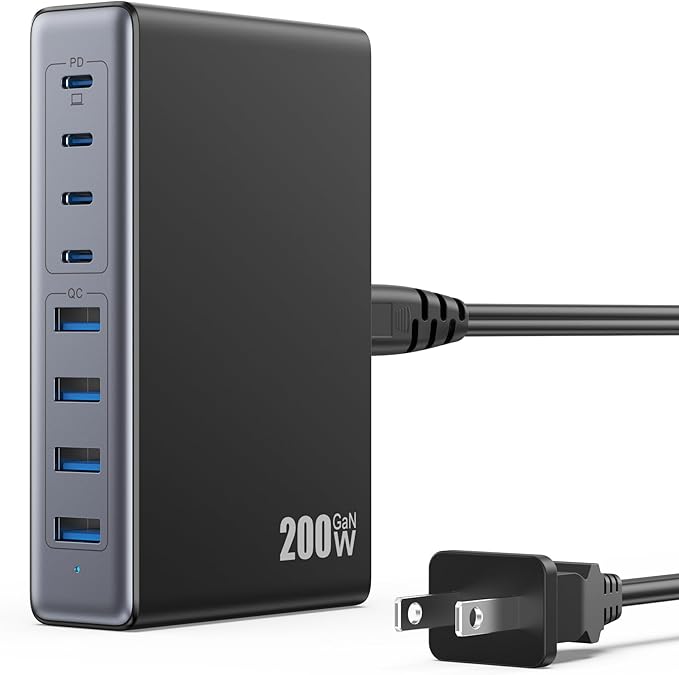 200W USB C Charger Block,GaN IV Charging Station 8 Ports,QC4.0 Fast Charging Station Hub+PD 65W USB C Laptop Charger Adapter Compatible with MacBook Air/Pro,DELL,iPhone 17/16/15,iPad,Steam Deck-Black