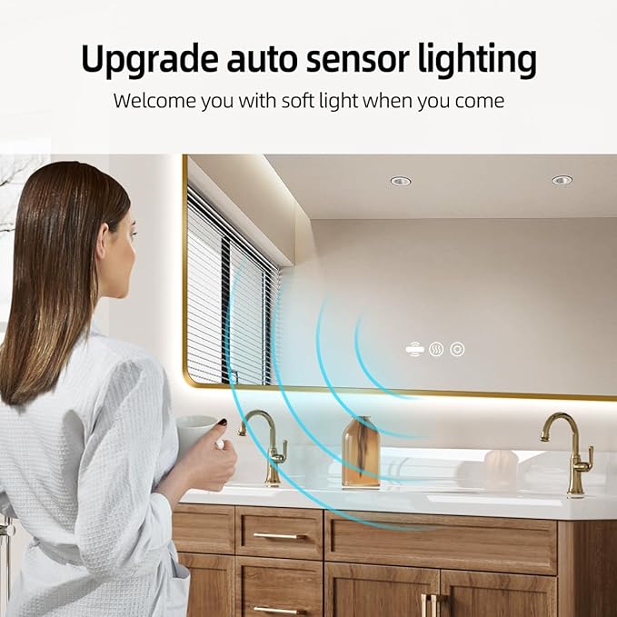 42 x 36 Gold LED Bathroom Mirror, Metal Framed Rounded Corner Rectangle Backlit Mirror Bathroom, Anti-Fog, 3-Color Stepless Dimmable Lighted Mirror, Motion Sensor Lights, Memory Function