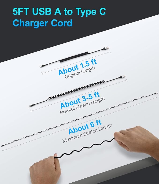USB Type C Cable Fast Charging, 2Pack 5ft Coiled USB A to USB C Charge Cable for Car Android Auto Charging Cord Compatible with iPhone 17/16/15/Plus/Pro/Samsung Galaxy S20 S10 and More USB C Devices