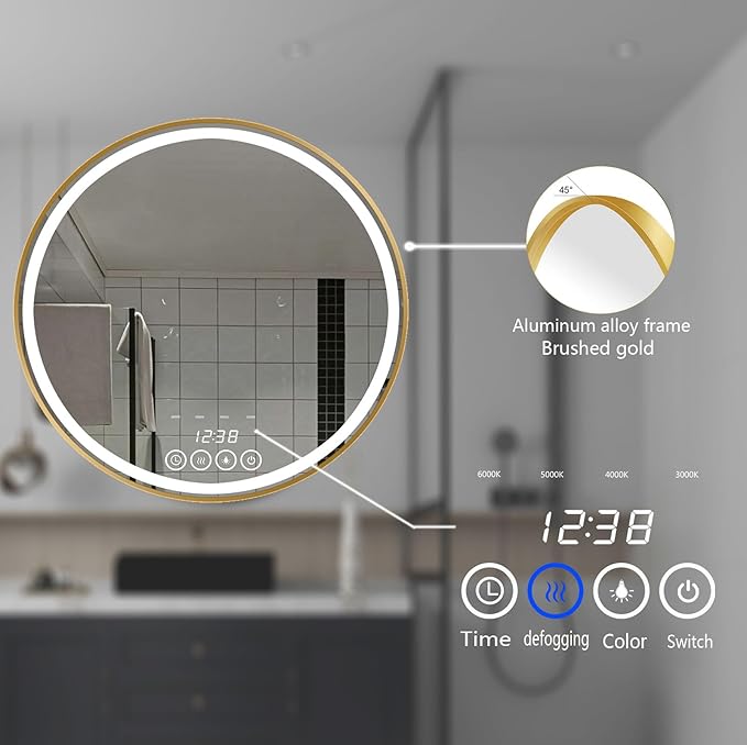 Wall-Mounted Round Bathroom Mirror with LED-Lights - Frame Vanity Mirrors (24" x 24", Gold)