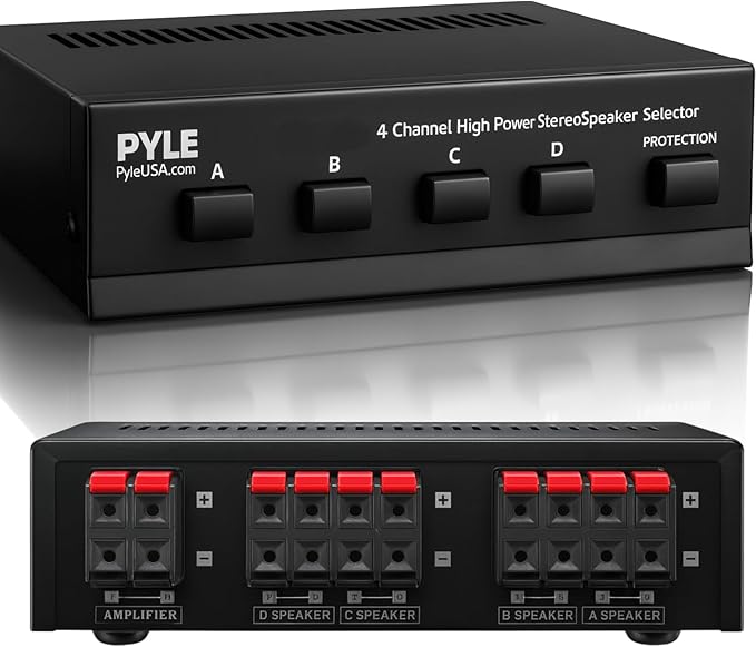 Pyle 4-Zone Speaker Selector Switch - Premium Distribution Hub with A/B/C/D Switches for Multi-Channel High-Power Amp Installations - Supports up to 4 Pairs of Switched Speakers - PSS4