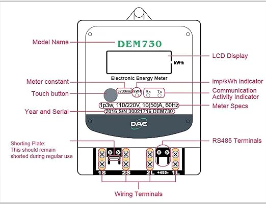 DAE DEM730P Electric kWh Submeter, RS485, 1P3W (2 Hot wire, 1 Neutral), 120/240V, 50A, Internal CT
