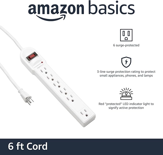 Amazon Basics Surge Protector Power Strip, 6-Outlet, 790 Joules, LED Indicator, 6ft Extension Cord, White