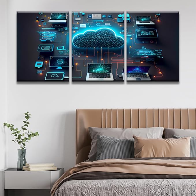 Framed Canvas Wall Art 3 Panels Cloud Technology Computing Smart Home Communication Laptop Pictures Print On Canvas for Bedroom Living Room Wall Decoration Ready to Hang 12x16inchx3