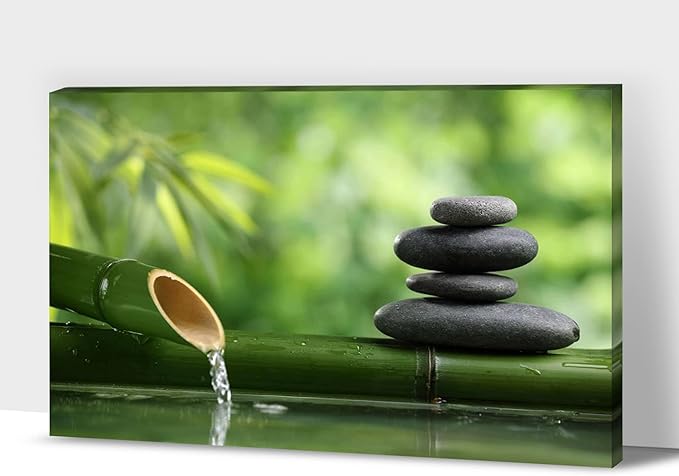 GUTTATY Zen Wall Art Decor, Modern Bathroom Zen Decor Wall Art, Large Canvas Wall Art for SPA Zen Room Decor, Green Bamboo and Pebble Relaxing Zen Art Prints for Office & SPA Wall Decor 28x40 Inches