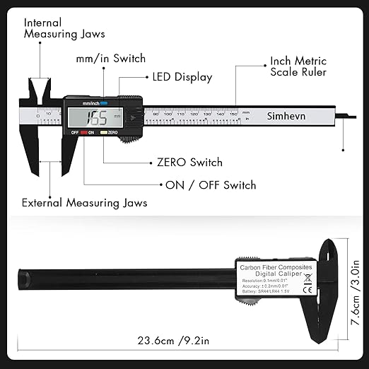 Simhevn Electronic Digital Calipers, inch and Millimeter Conversion,LCD Screen displays 0-6" Caliper Measuring Tool, Automatic Shutdown, Suitable for DIY/Jewelry Measurement (New150mm Black Plastic)