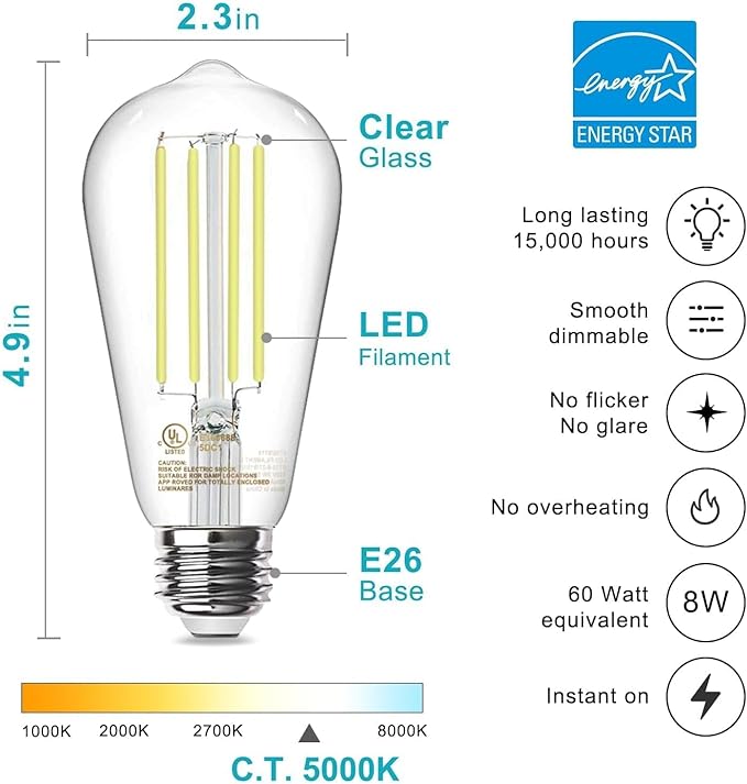 TJOY 20 Pack E26 Base Vintage LED Edison Light Bulbs, 60W Equivalent, Dimmable, 5000K Daylight White, 8W ST58 LED Filament Bulbs, 800Lumens, CRI80+, Antique Glass Style for Home, Bedroom, Farmhouse