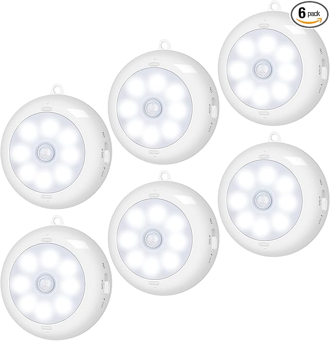 Alivation Motion Sensor Light Indoor, LED Closet Light Battery Operated, Night Light Under Cabinet Lighting, 3 AA Battery Powered, Puck Lights for Wall, Stair, Dimmable (6 Pack)