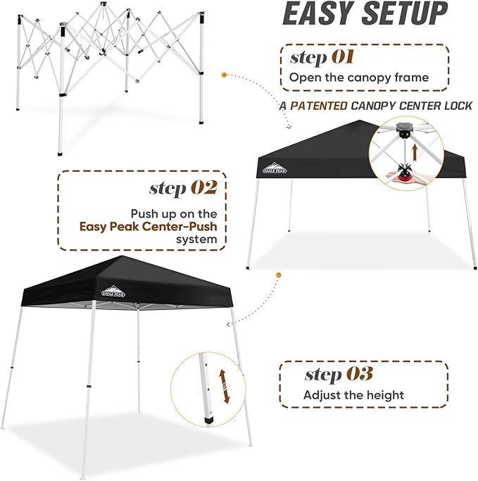 EAGLE PEAK 8x8 Slant Leg Pop-up Canopy Tent Easy One Person Setup Instant Outdoor Beach Canopy Folding Portable Sports Shelter 8x8 Base 6x6 Top (Black)