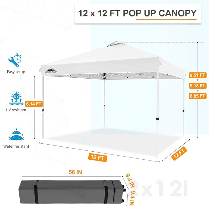 EAGLE PEAK Pop Up Canopy Tent with Wheeled Carry Bag, 8 Stakes, 4 Ropes, 4 Weight Bags, Easy Set Up Tent Canopy, 12x12 ft, 144sqft of Shade, White