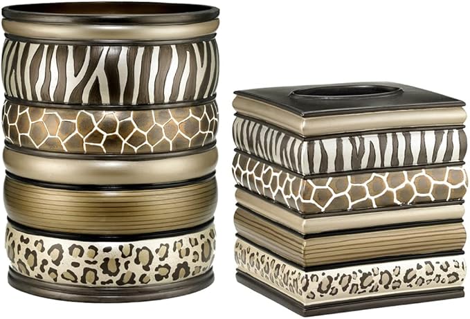 Zahari Home 2pc Safari Stripes Modern Bath Accessories Set Waste Basket & Tissue Box Modern Classic Contemporary Decorative Beautiful Designs Bathroom Decor Set for Home Luxury Bathroom Sets