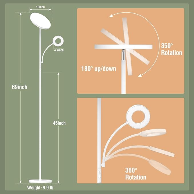 White Floor Lamp, 42W 4000LM Super Bright LED Room Lamp with Adjustable Reading Light,Dimmable Modern Standing Lamp with Remote & Touch Control for Room Bedroom Office Floor Light