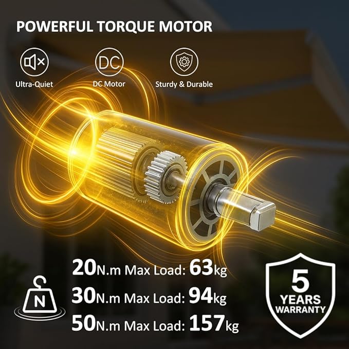 Remote Control DC24V Motorized Roller Shade Motor with Manual Override, 45mm Brushless Electric Awning Motor for Windproof Shades, High Torque Tubular Motor (50 N.m for Φ60mm（2-3/8"） Round Tube)