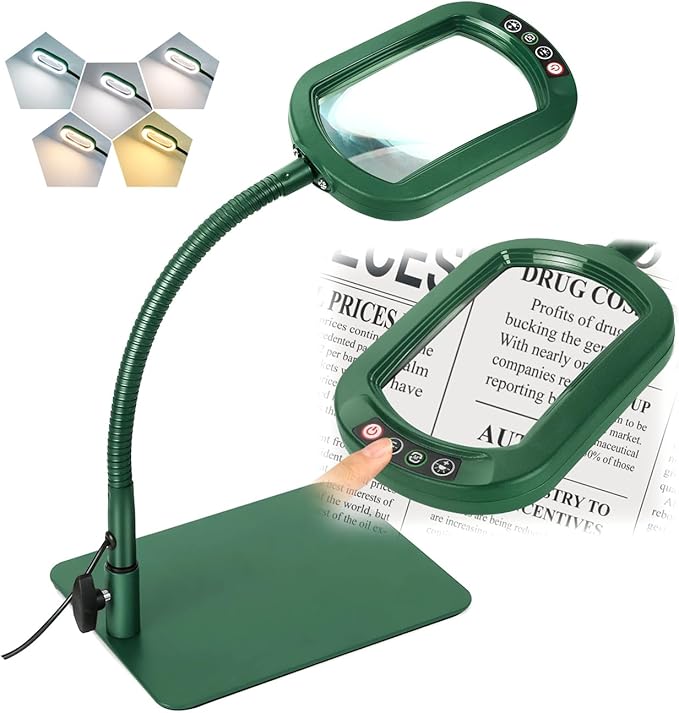 Veemagni 10X Rectangle Magnifying Glass with Light and Stand, Flexible Gooseneck LED Lighted Desk Lamp, 5 Color Modes Stepless Dimmable, Hands Free Magnifier for Reading Painting Close Work - Green