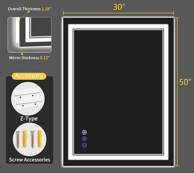 30"x50" LED Bathroom Mirror with Lights, Anti-Fog, Backlit + Front Lit, Dimmable, Led Vanity Mirror for Wall, Lighted Bathroom Mirror, 3 Colors, Shatter-Proof Tempered Glass