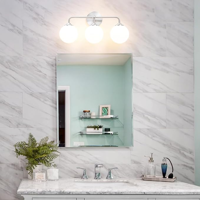 Elagant Modern Brushed Nickel Bathroom Vanity Lights, 3-Lights Bathroom Light Fixtures with Milky White Globe Glass Shade, Bathroom Wall Sconces Light over Mirror Dressing Table Bedroom Living Room