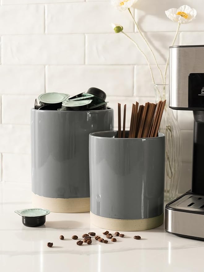 famiware Milkyway Kitchen Utensil Holder for Countertop, 7.2"+5.8" Ceramic Cooking Utensil Crocks for Counter, Utensil Organizer for Spatula & Spoon, Kitchen Decor, Set of 2, Dark Gray